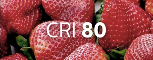 Skål med jordbær indikerer fargestyrken under CRI 80 belysning