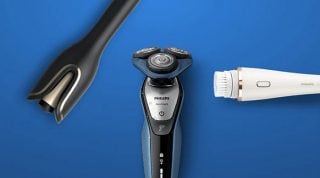 "Philips barberingsapparater på blå bakgrunn: elektrisk barbermaskin, skjeggtrimmer og ansiktsrensebørste for menns personlige pleie."